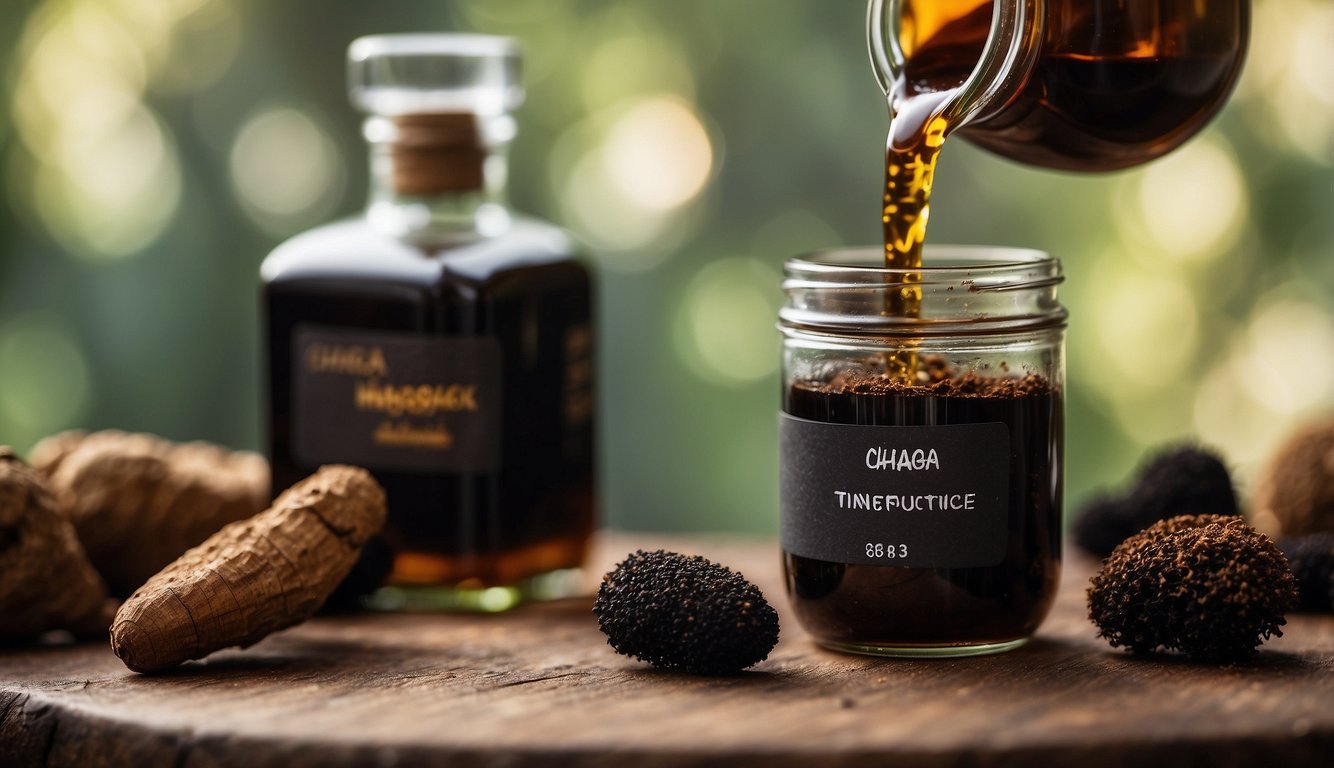 A hand pouring ground chaga mushroom into a glass jar of alcohol, next to a label with "Chaga Tincture" written on it