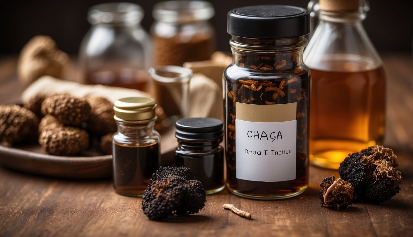 A glass jar filled with chaga mushroom pieces soaking in alcohol, next to a handwritten recipe card and a dropper bottle labeled "Chaga Tincture."