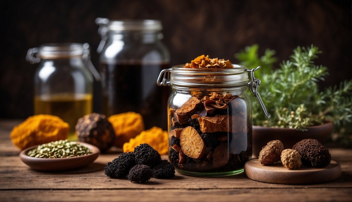 A glass jar filled with chaga pieces steeping in alcohol, surrounded by various herbs and ingredients on a wooden table