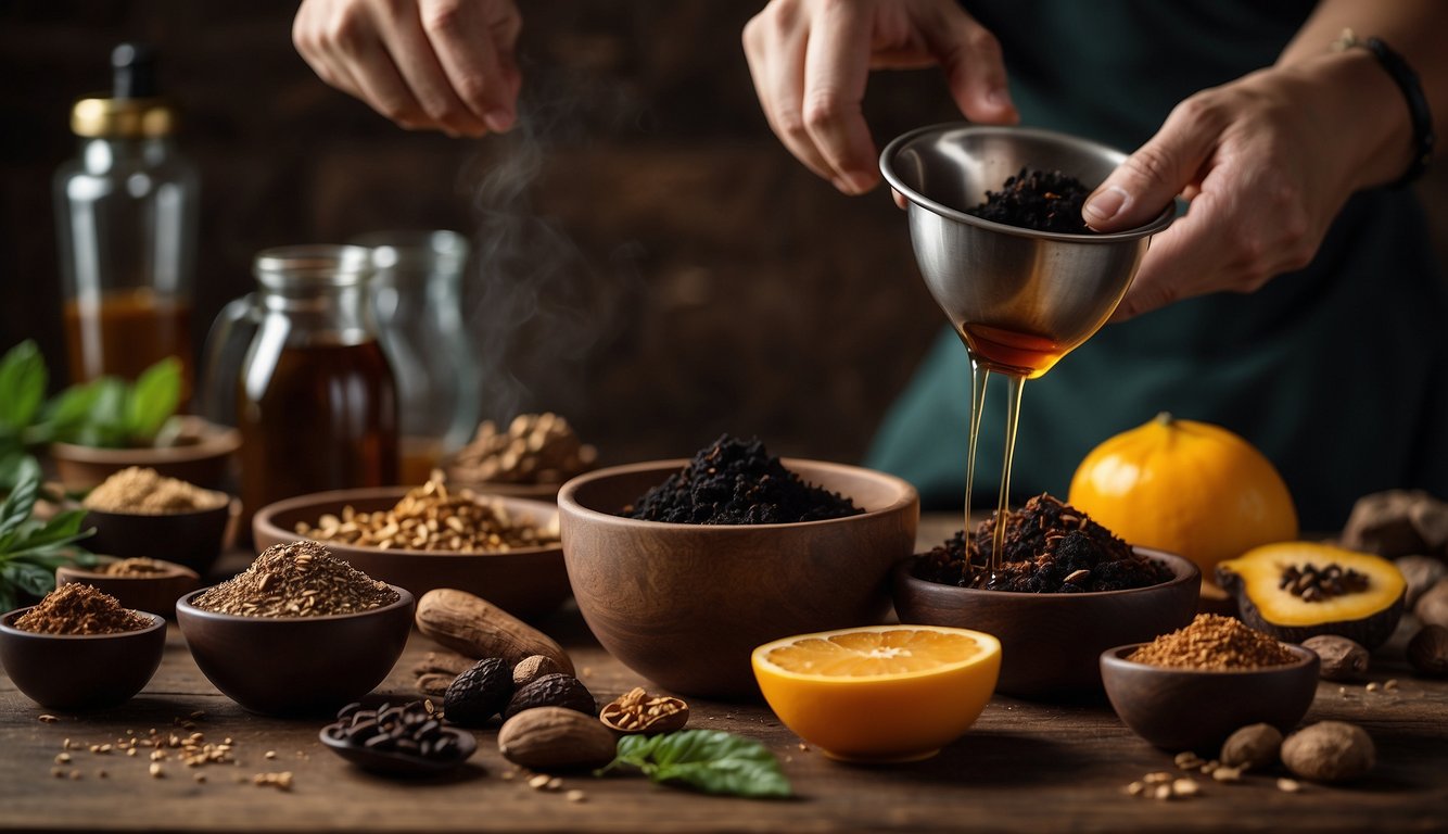 A hand pours chaga tincture into a mixing bowl with various ingredients for a diet recipe
