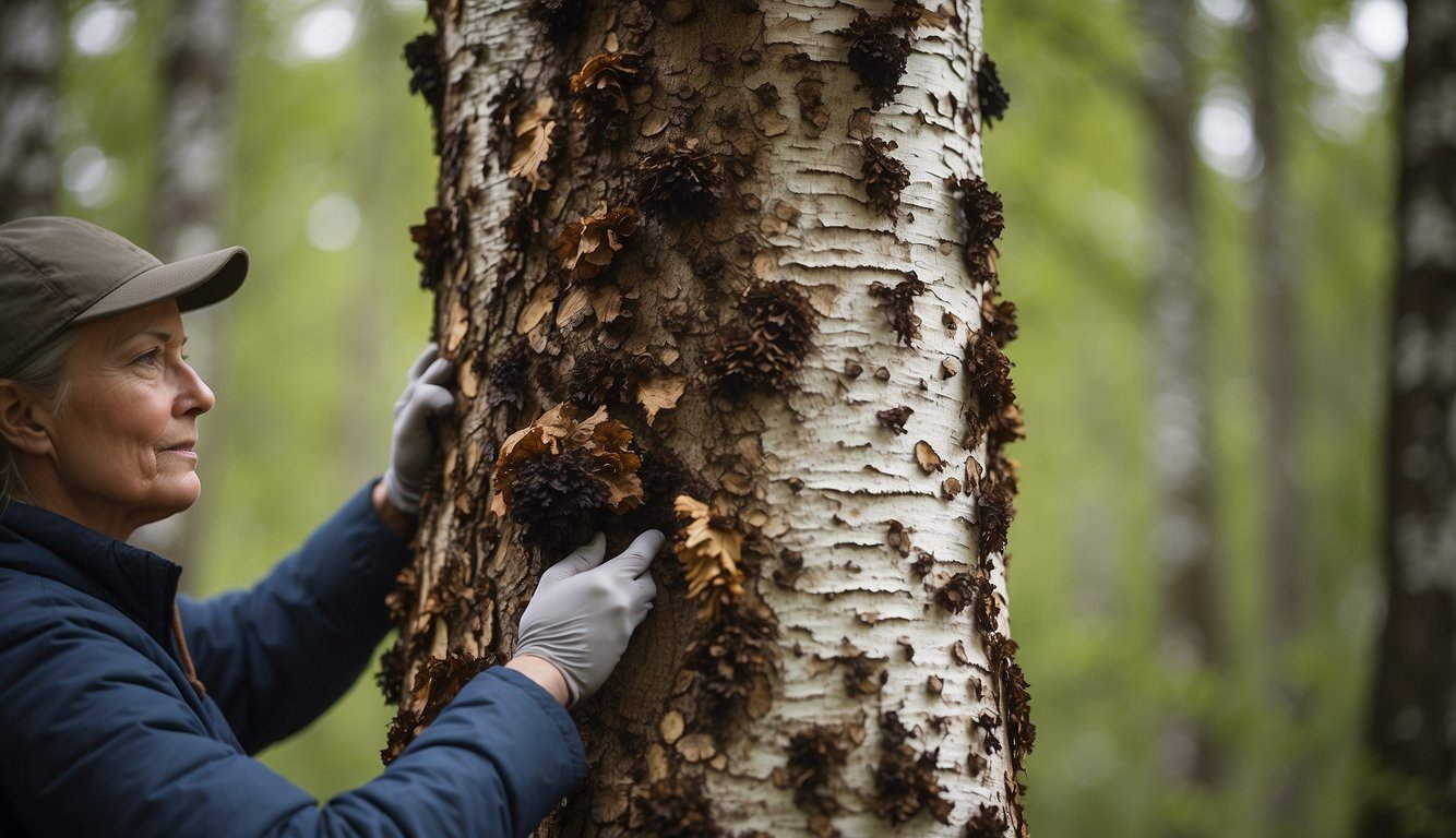 A person carefully collects chaga mushrooms from a mature birch tree, ensuring minimal impact on the environment. The harvested mushrooms are then processed into a tincture using ethical and sustainable practices