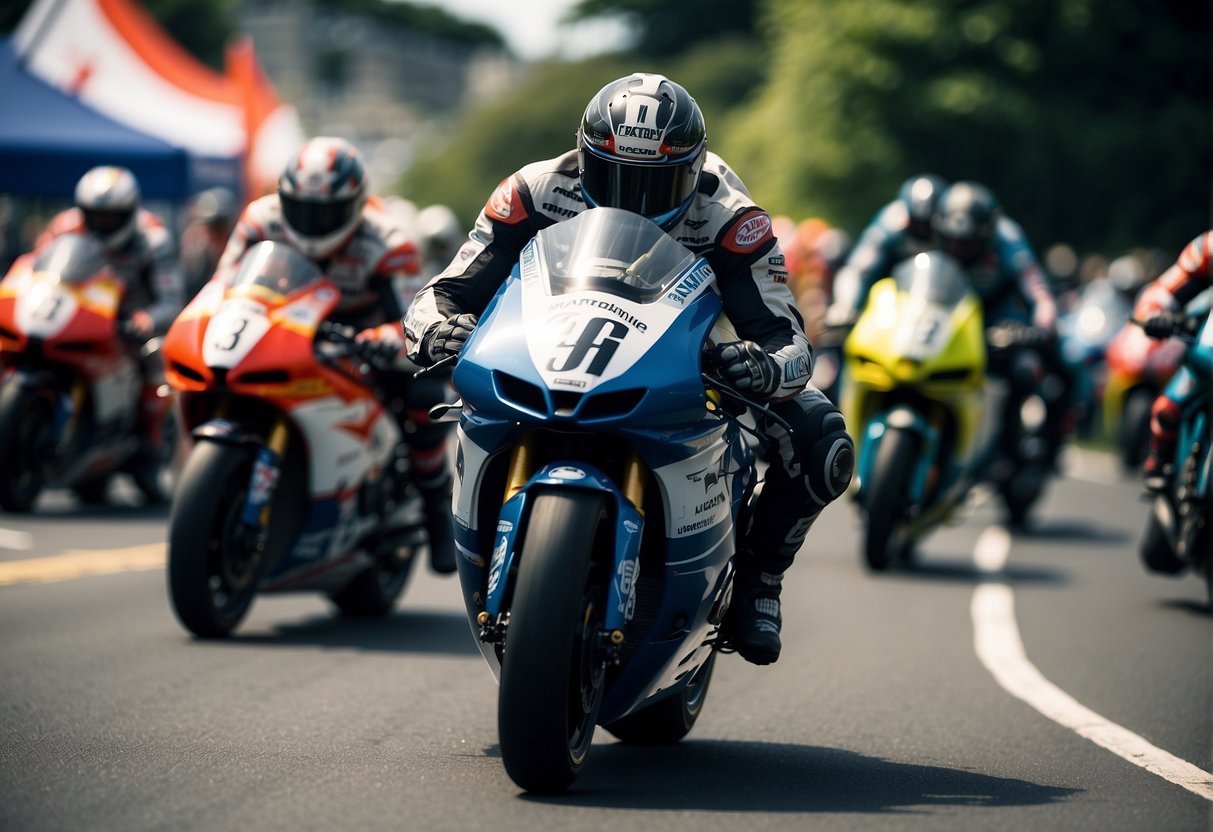 Pit crews fueling and tuning motorcycles at the 2024 Isle of Man TT Races. Flags waving, engines revving, excitement in the air