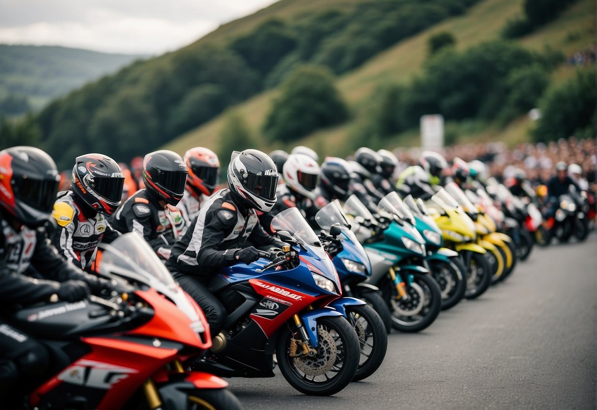 Motorcycles lined up at the starting line, engines revving and exhaust fumes filling the air. The crowd eagerly awaits the start of the race, with the iconic Isle of Man landscape in the background