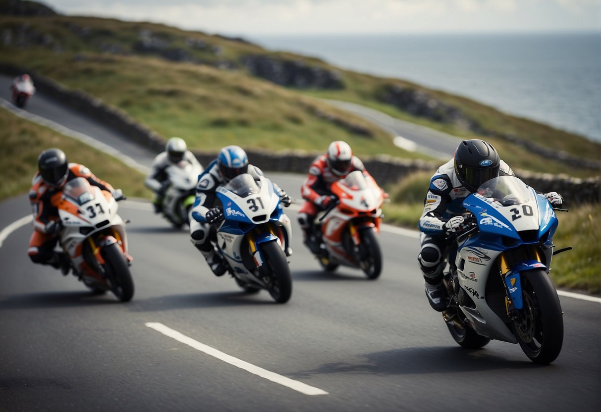 Motorcycles racing around the iconic Isle of Man TT course, surrounded by picturesque landscapes and enthusiastic spectators