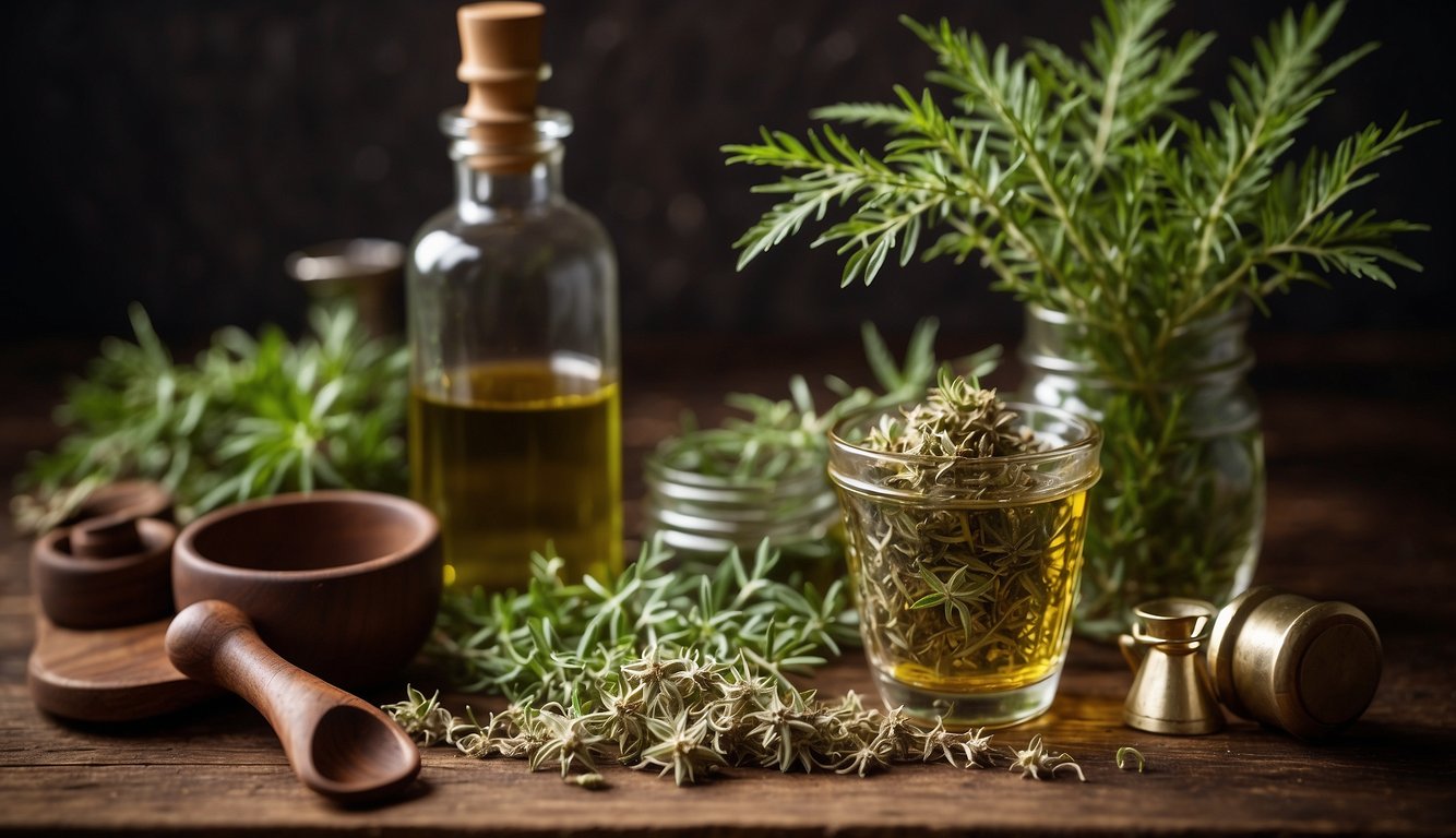 A hand pouring mugwort tincture into a glass bottle with a dropper, surrounded by various herbs and measuring tools on a wooden surface