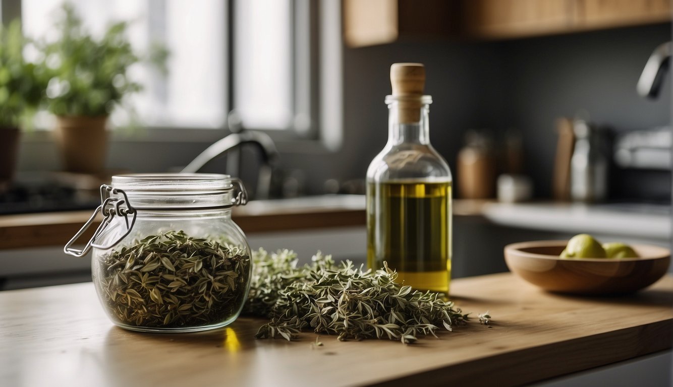A glass jar filled with dried mugwort leaves, a measuring scale, and a bottle of alcohol on a clean, well-lit kitchen counter