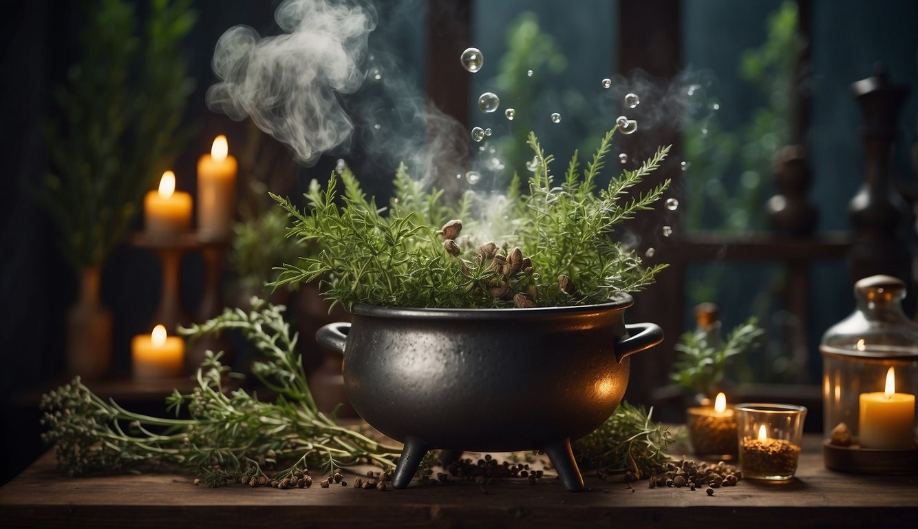 A cauldron bubbles with mugwort, surrounded by mystical ingredients and symbols. The air is filled with an enchanting aroma as the tincture brews