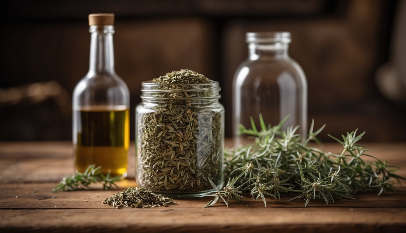 A glass jar filled with dried mugwort leaves, a measuring cup, and a bottle of alcohol on a wooden table