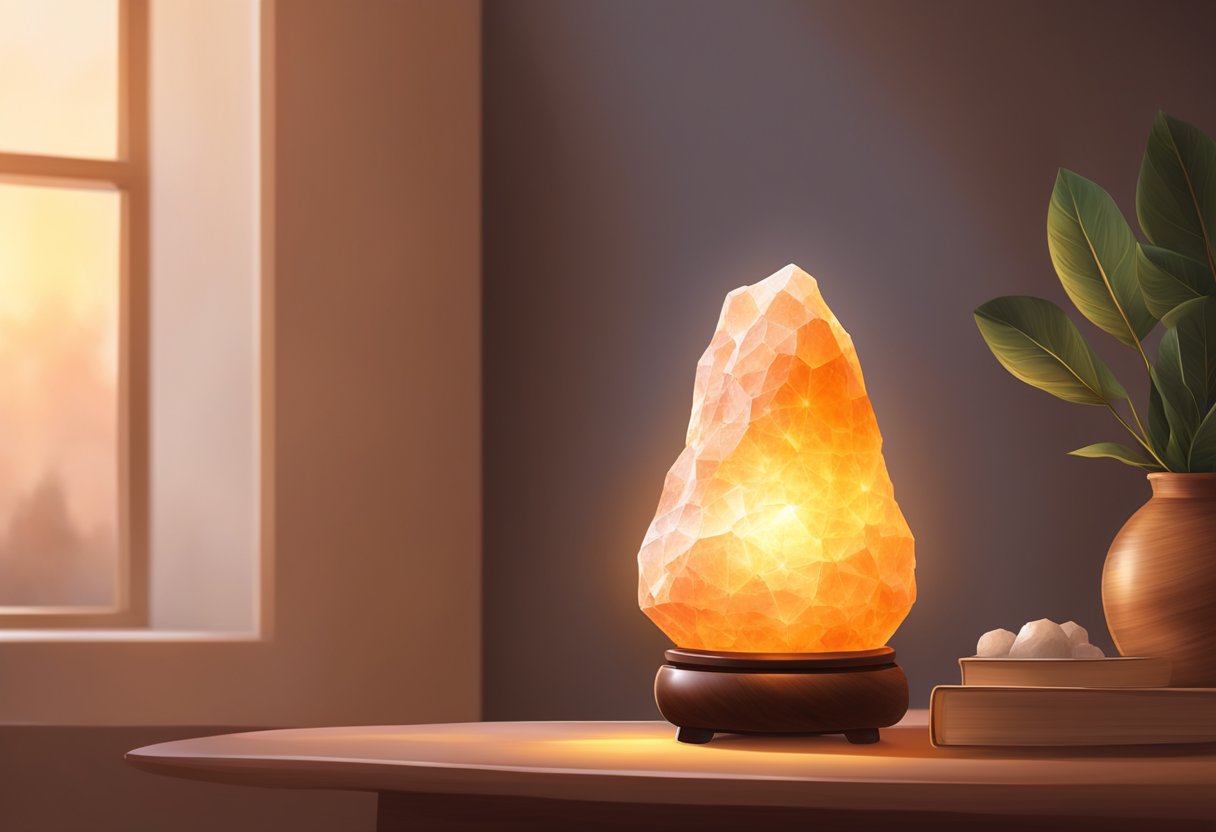 A glowing Himalayan salt lamp emits a warm, soothing light, creating a tranquil and spiritual atmosphere
