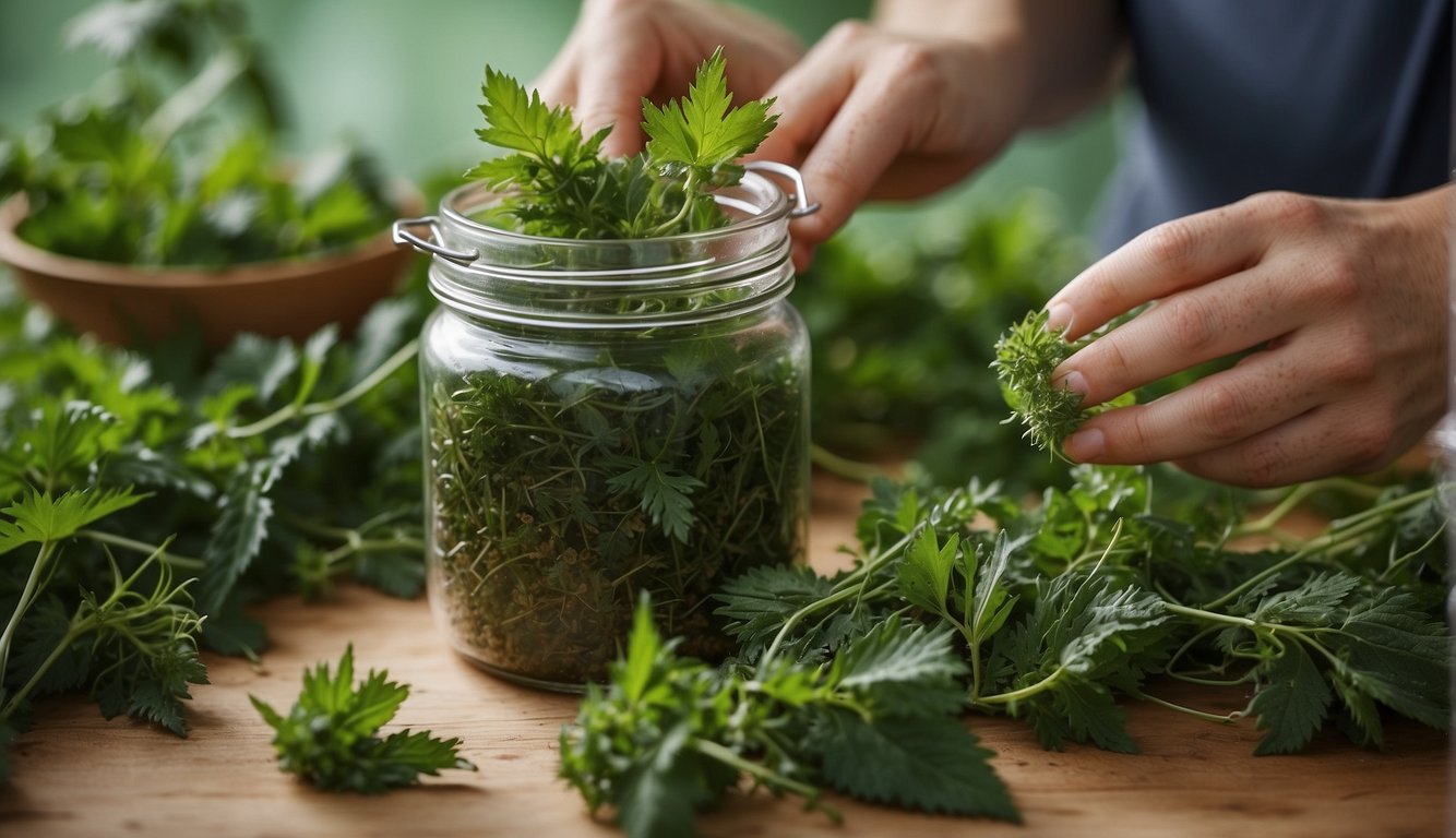 Nettles being plucked, gathered, and placed into a jar. Ingredients for tincture nearby. Bright green color and prickly texture