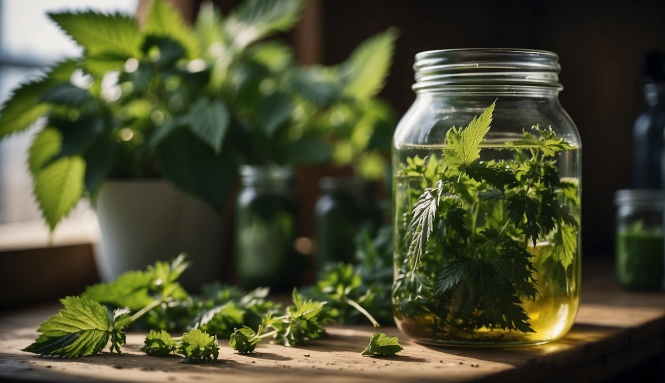 Nettles being gathered and washed, then placed in a jar with alcohol for tincture preparation