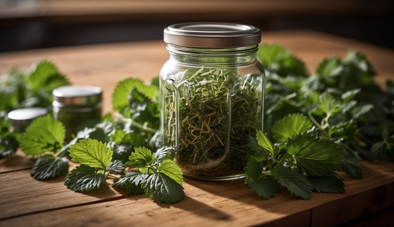 Nettles steep in alcohol in a glass jar on a wooden countertop, surrounded by measuring spoons, a mortar and pestle, and fresh nettle leaves