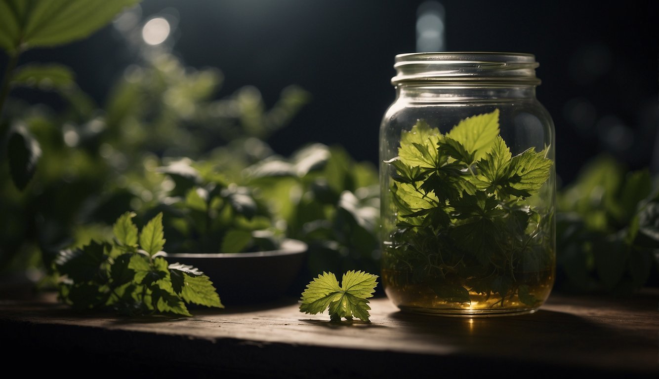 Nettle leaves being picked, washed, and placed in a jar with alcohol. The jar is sealed and stored in a dark, cool place for several weeks