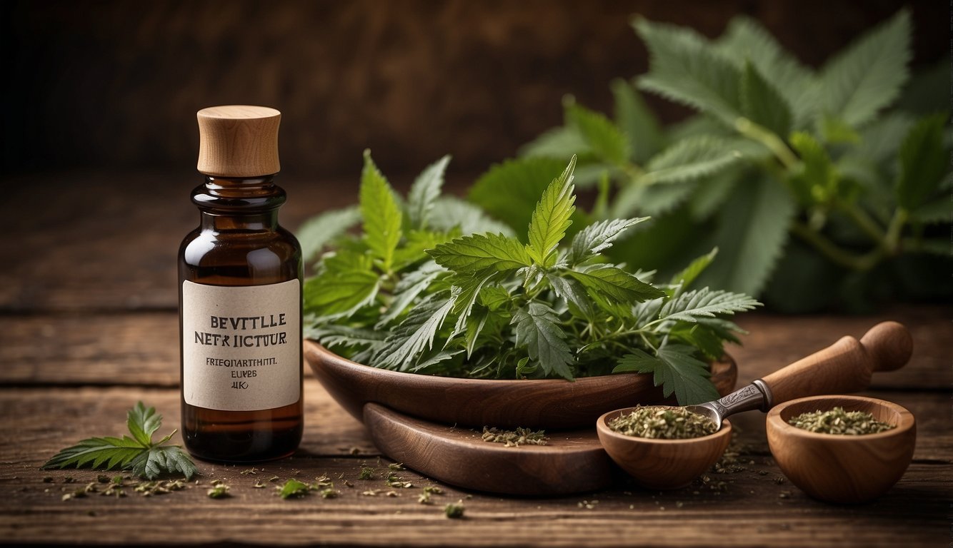 A bottle of nettle tincture with a caution label. Nettle leaves and a mortar and pestle on a wooden table