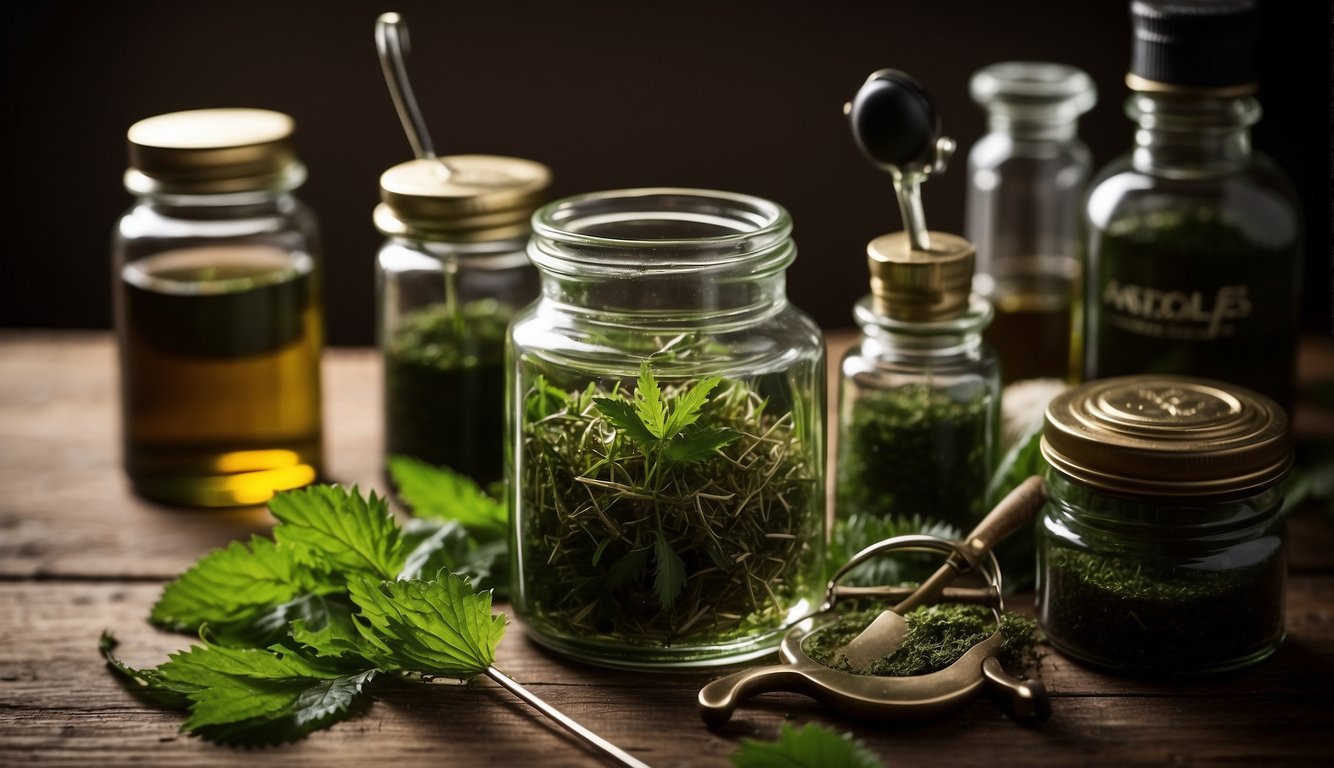 A glass jar filled with nettle leaves submerged in alcohol, with a label reading "Nettle Tincture Recipe" next to a dropper and measuring tools