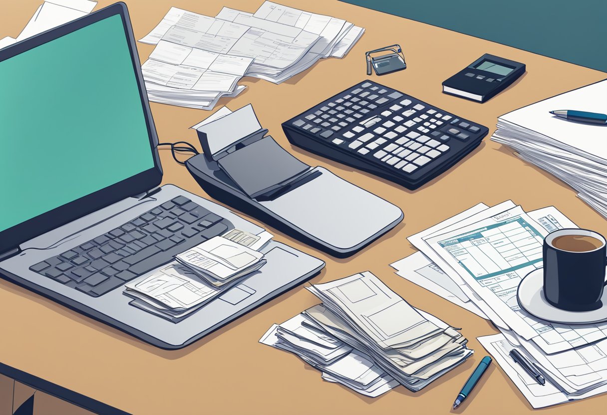 A cluttered desk with a computer, calculator, and scattered paperwork. A stack of invoices and receipts sits next to a cup of coffee