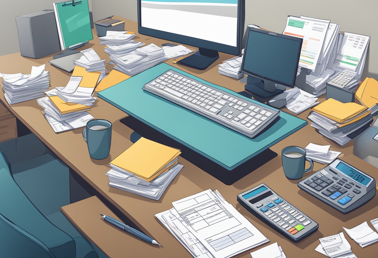 A desk with organized piles of receipts and invoices, a computer with accounting software open, and a calculator on the side
