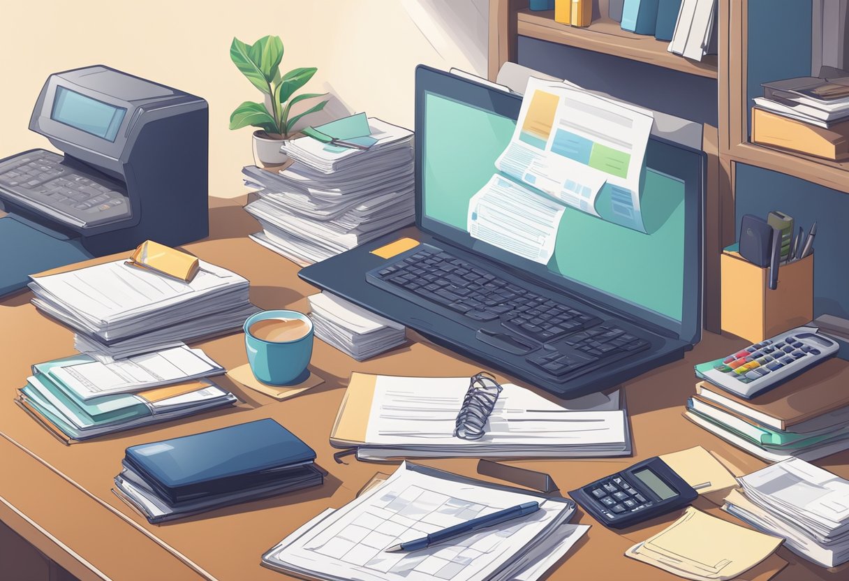 A desk with a computer, calculator, and paperwork. A stack of invoices and receipts. A bookshelf with accounting books. A clock on the wall