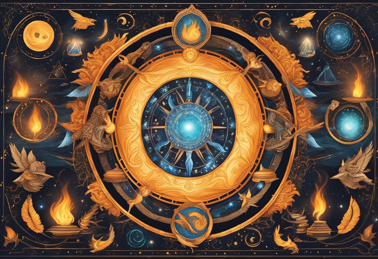A roaring fire burns brightly, surrounded by ancient symbols of astrology and mythology. The flames symbolize passion, transformation, and the divine spark of spiritual energy