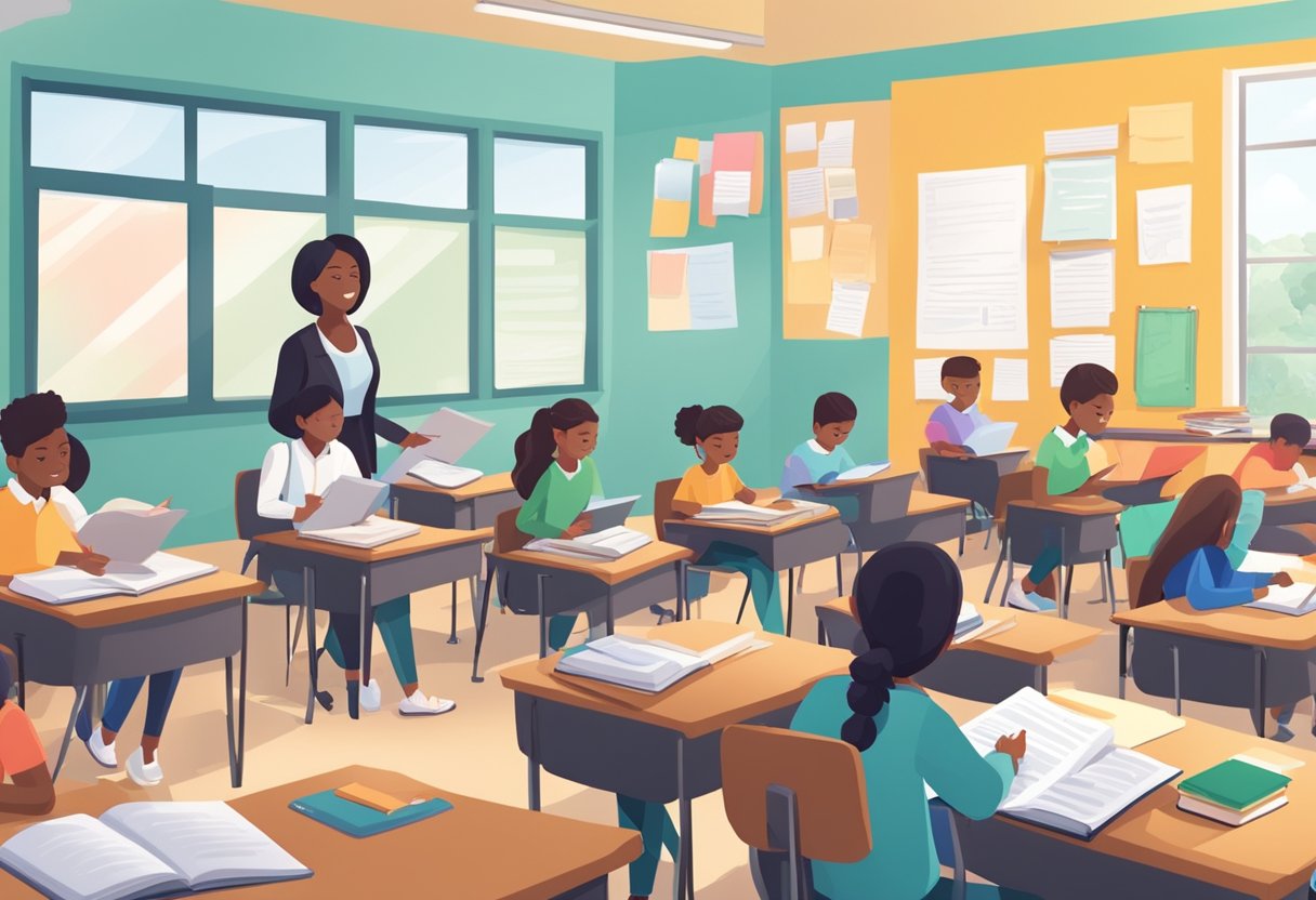 A classroom with students working on essay questions, teacher guiding and assessing. Books, pencils, and papers scattered on desks