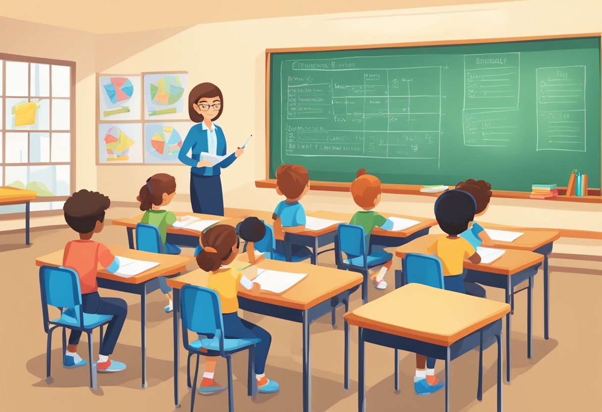 A primary school classroom with students writing essays, teacher observing, and assessment rubric on the board