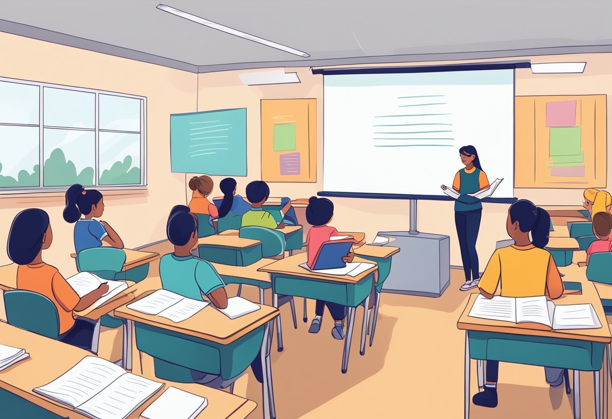 A classroom with students writing essays, teacher guiding them, and a poster with guidelines for creating effective essay questions
