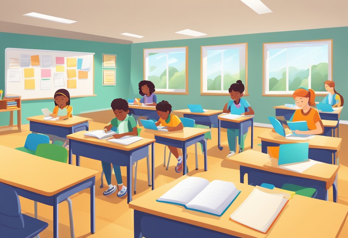 A classroom setting with students working on essay questions. Teacher providing guidance. Books, pencils, and papers on desks. Bright, welcoming atmosphere