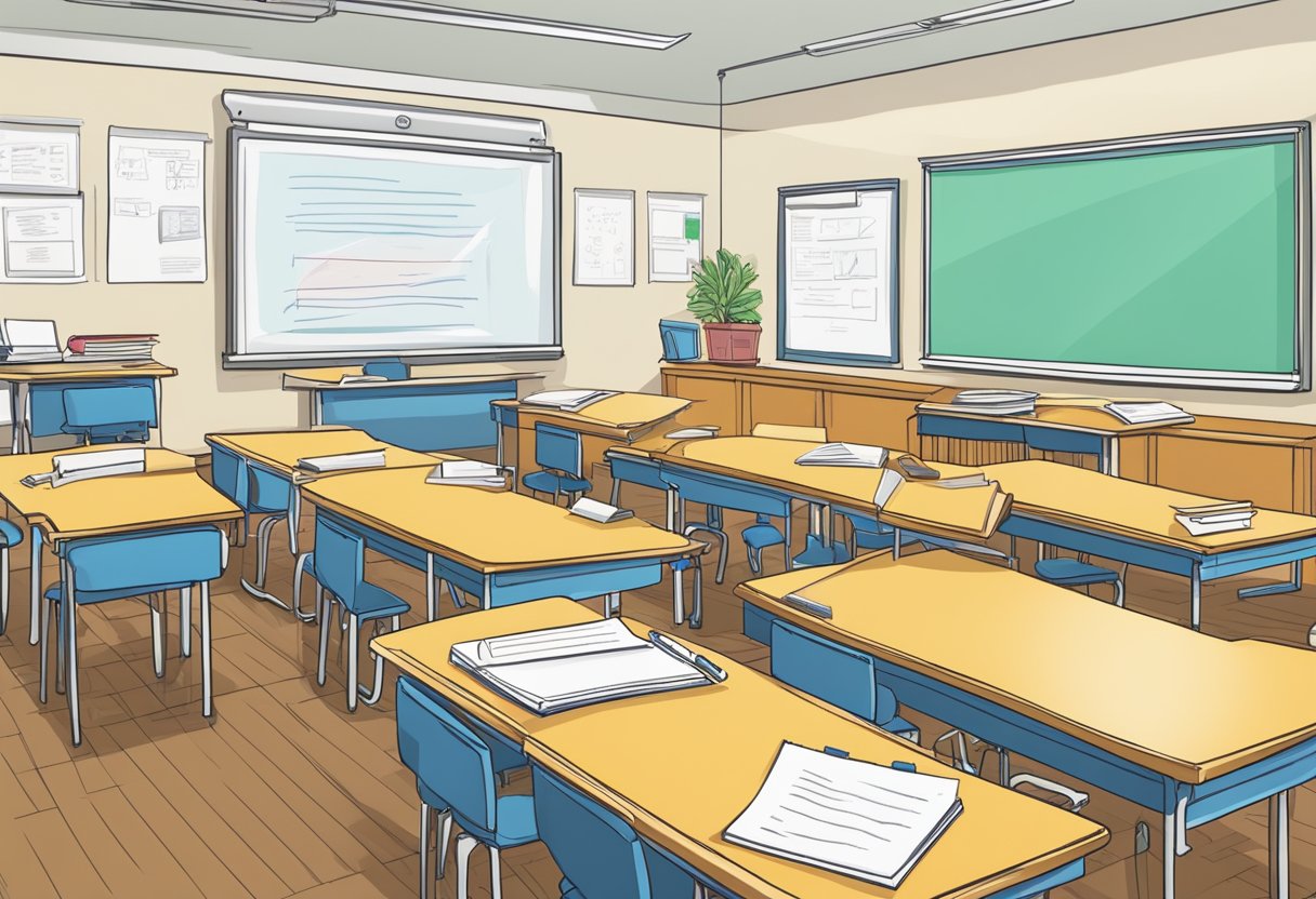 A classroom with a whiteboard displaying clear learning goals and a stack of papers with effective essay questions for primary school assessments