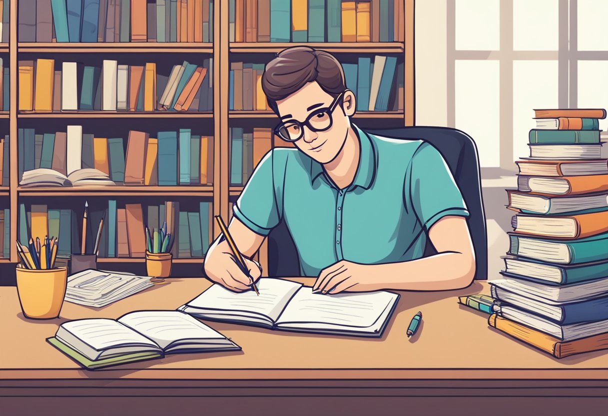 A teacher at a desk, writing a clear and concise essay question on a piece of paper, surrounded by books and educational materials