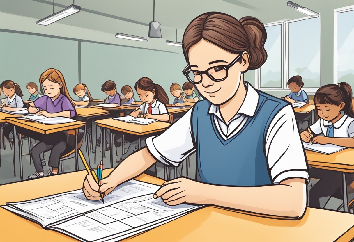 A teacher carefully crafting grading rubrics and essay questions for primary school assessments