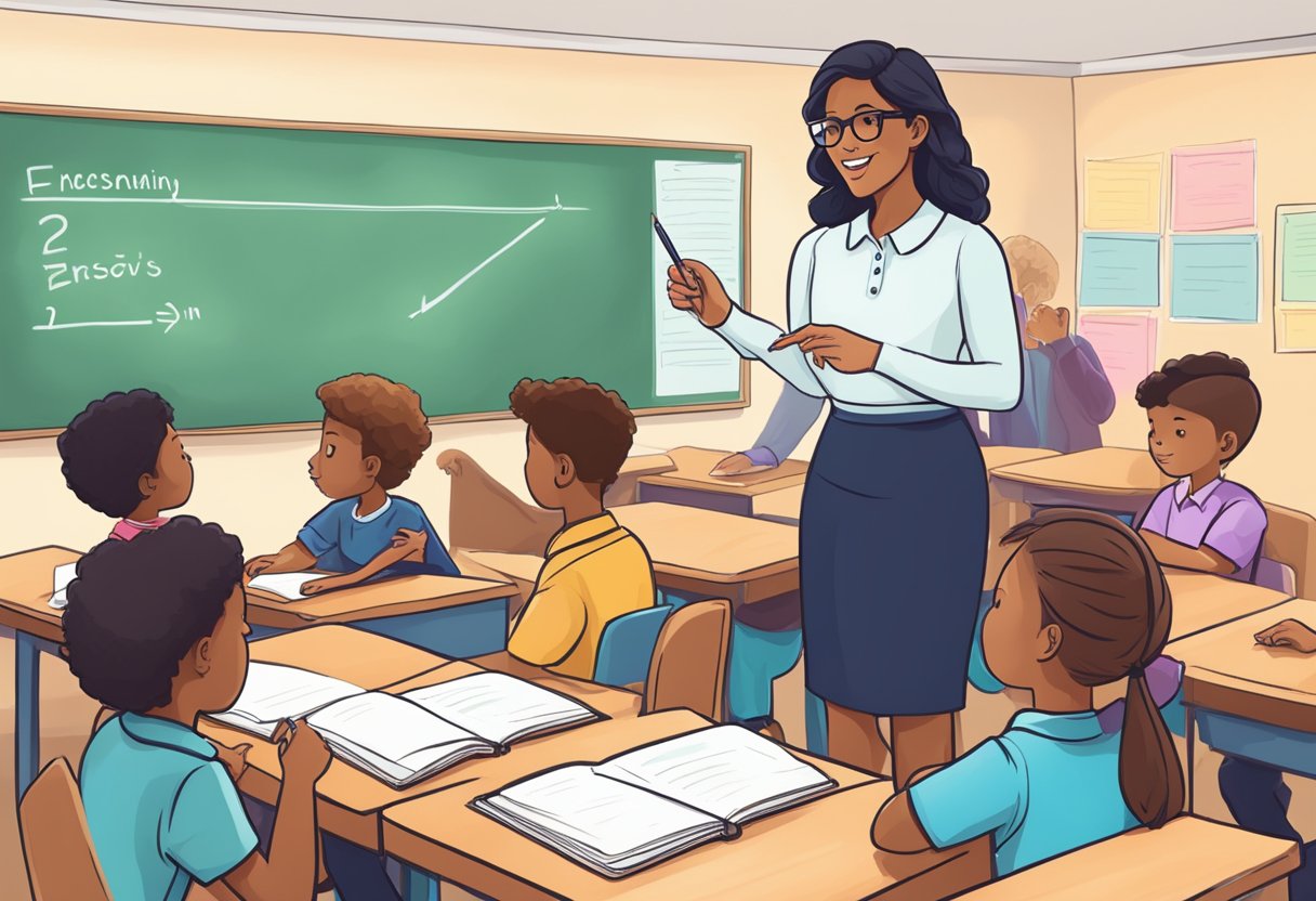 A teacher calmly guides students through writing exercises, using clear and engaging essay prompts