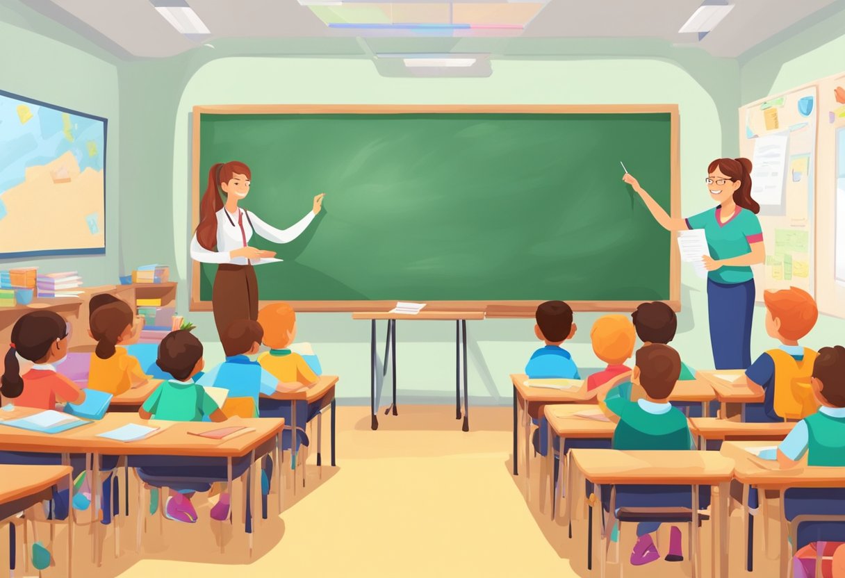 Primary school classroom with colorful posters and books. A teacher is writing essay questions on the board. Students are engaged in group discussions