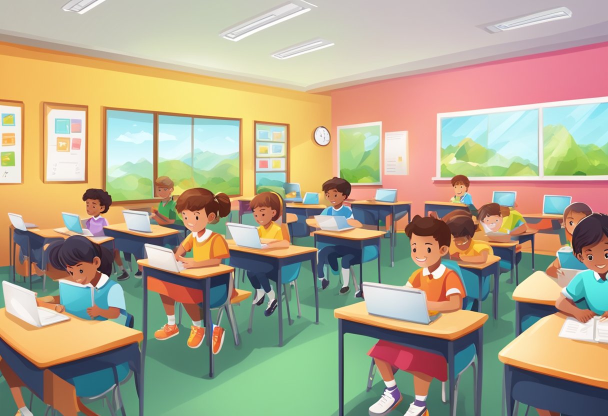 A primary school classroom with students using tablets and laptops to complete essay questions for assessments