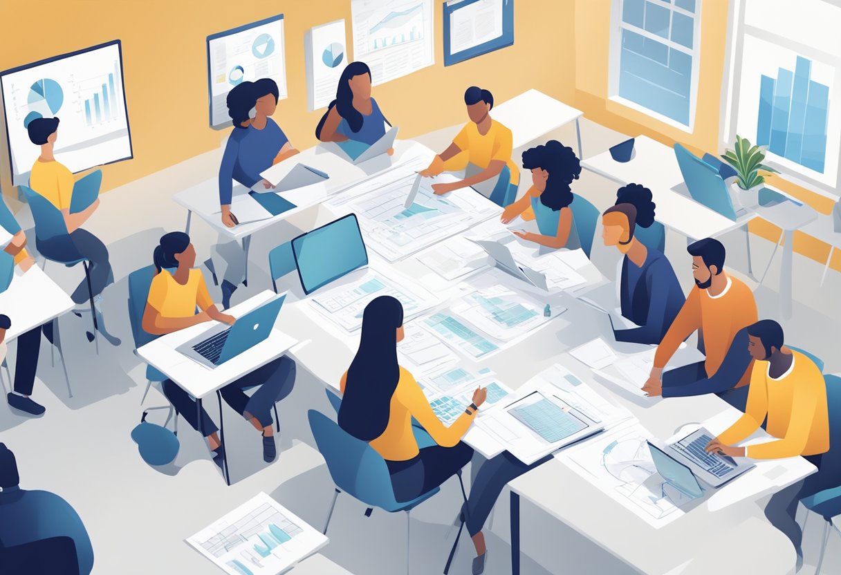 Students engaged in group work, discussing and collaborating on a project. Papers and laptops scattered on the table, with charts and diagrams displayed on the whiteboard