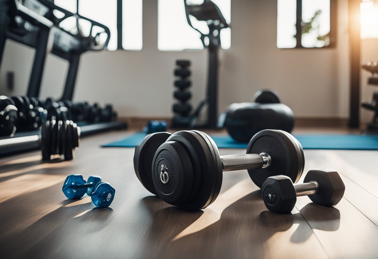 A home gym with a set of dumbbells, a workout mat, and a water bottle. The room is well-lit with natural light, and there are motivational posters on the wall