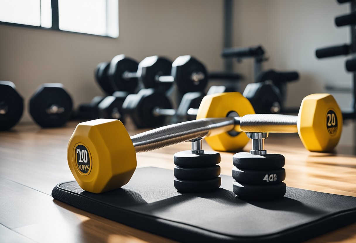 A set of dumbbells sits on a sturdy, level surface. A workout mat is nearby, with ample space for movement. The room is well-lit and spacious, creating an inviting atmosphere for home workouts