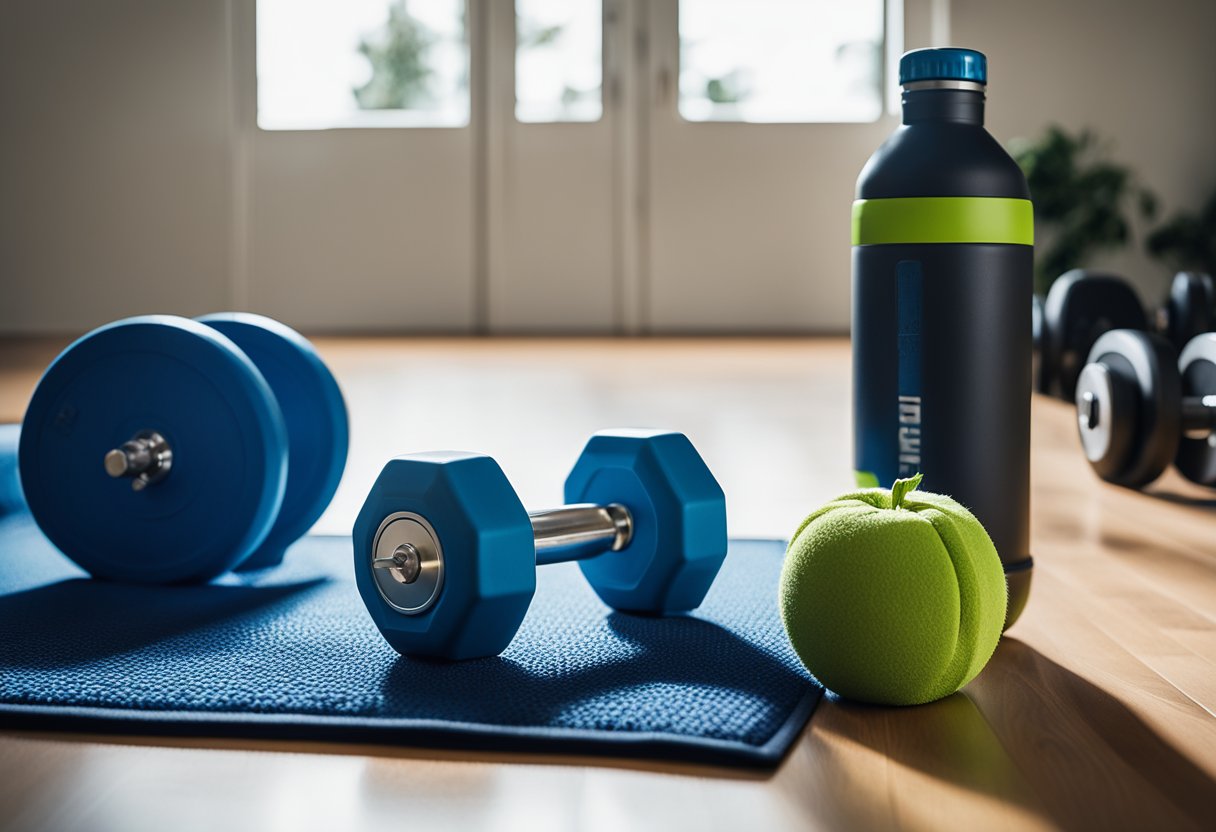 A home gym with dumbbells, a workout bench, and exercise mat. Bright, natural light fills the room. A water bottle and towel sit nearby