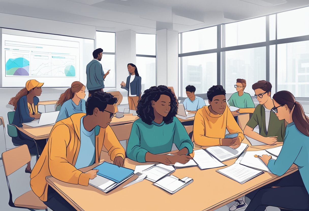A group of students engaged in collaborative learning, discussing and sharing ideas. Various assessment tools and strategies are visible in the background