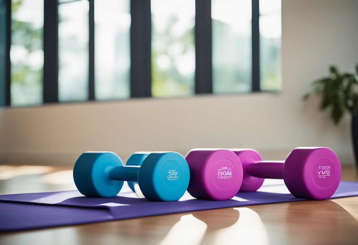 A pair of dumbbells sit on a yoga mat in a well-lit room, surrounded by open space. A water bottle and towel are nearby