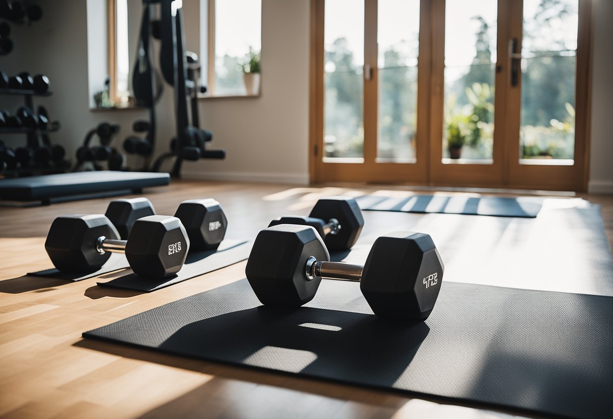 A home gym setup with dumbbells of various weights, a workout bench, and a yoga mat. The room is well-lit with natural sunlight streaming in through the windows