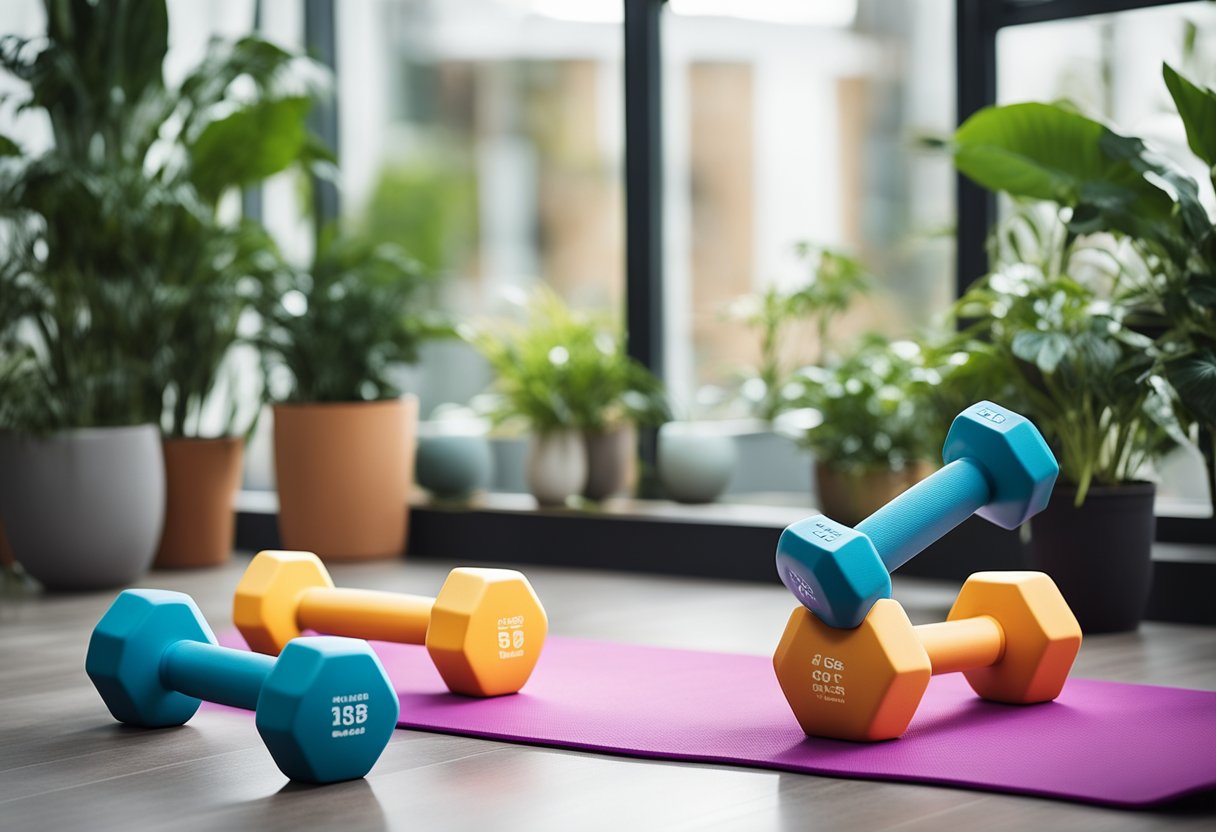 A set of colorful dumbbells arranged neatly on a yoga mat in a well-lit room with a large window, surrounded by potted plants and motivational fitness posters on the wall