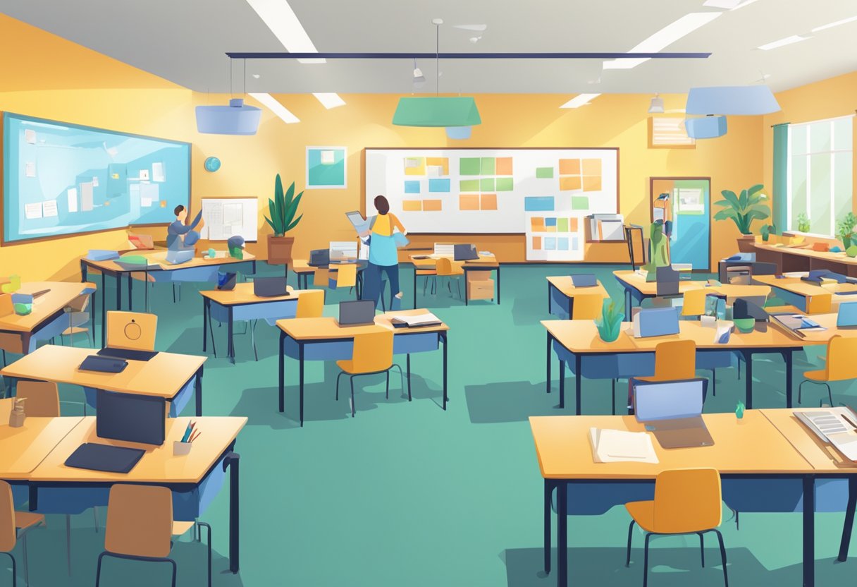 A classroom with various assessment tools scattered on desks and students engaged in different activities
