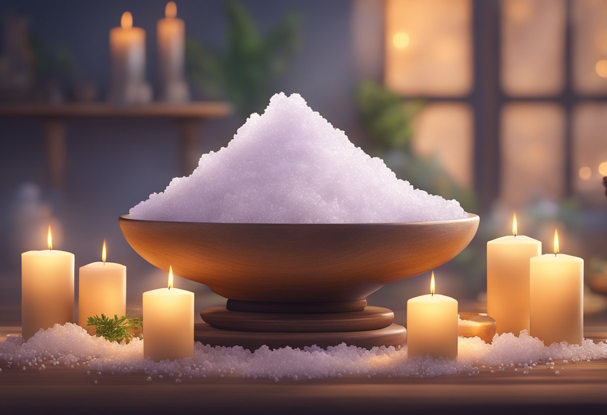 A glowing pile of salt sits atop a sacred altar, emanating a serene energy. Surrounding it are flickering candles and aromatic herbs, creating a tranquil atmosphere for spiritual purification