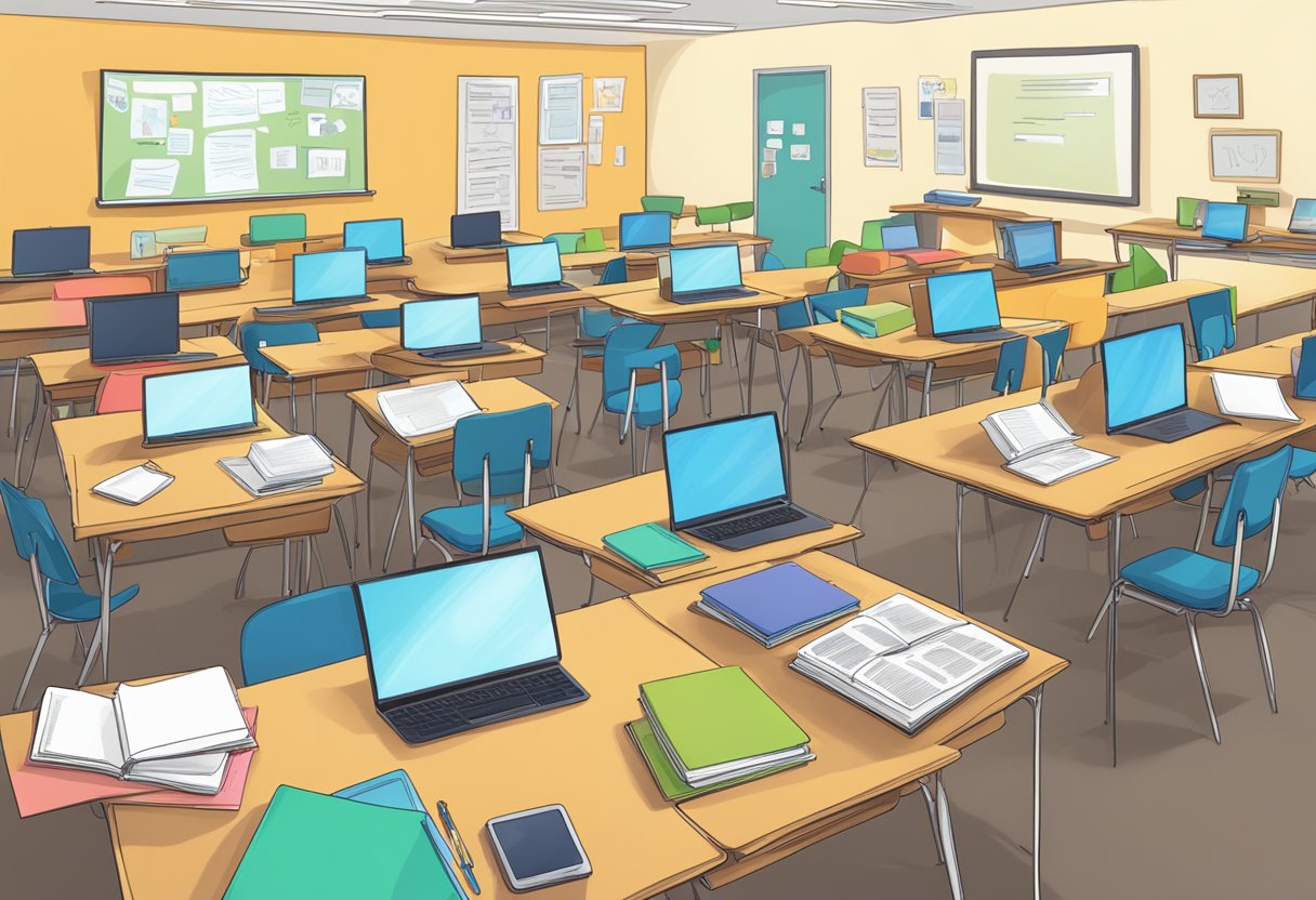 A diverse classroom with various assessment tools and activities laid out on desks, including written assignments, group projects, and digital assessments