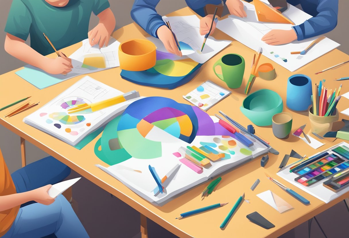Students creating art and creative projects in a classroom setting, with various materials and tools spread out on tables