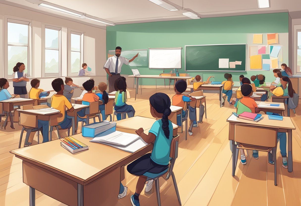 A classroom with art supplies scattered on tables, students working on creative projects, and a teacher observing and providing feedback