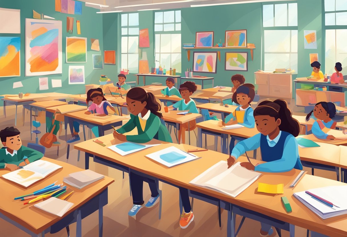 A colorful classroom with art supplies scattered on tables, students working on various creative projects, and a teacher observing and guiding the process
