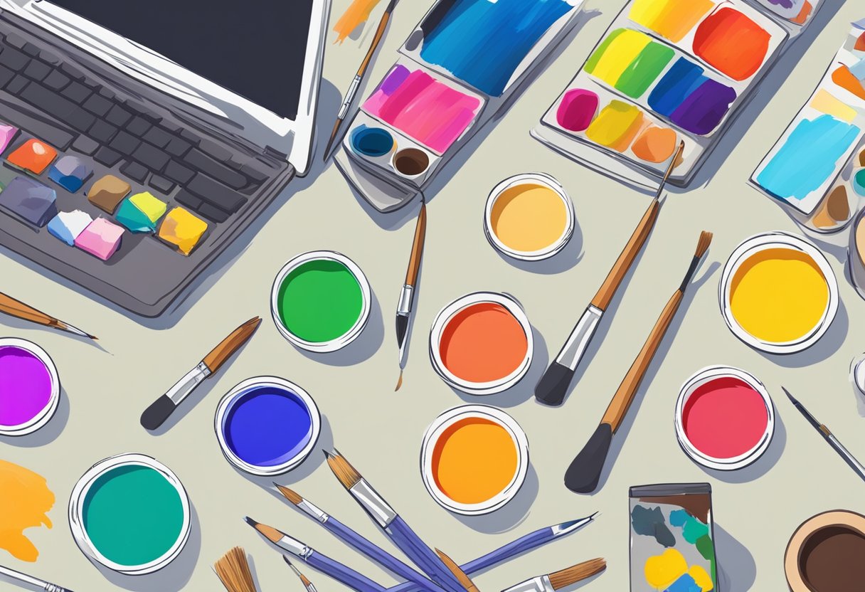 Art supplies scattered on a desk with a sketchbook, paintbrushes, and colorful paints. A laptop open to an educational website on art assessment