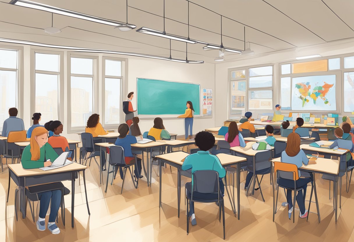 A classroom filled with various art and creative projects, with students actively engaging in the assessment process