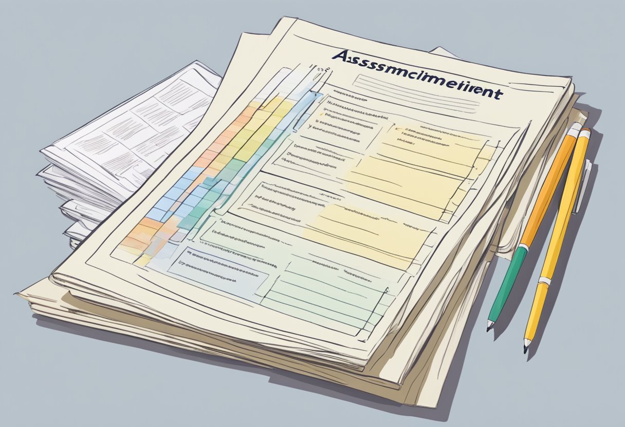 A rubric hovers over a stack of papers, guiding the assessment of writing skills with clear criteria and levels of achievement